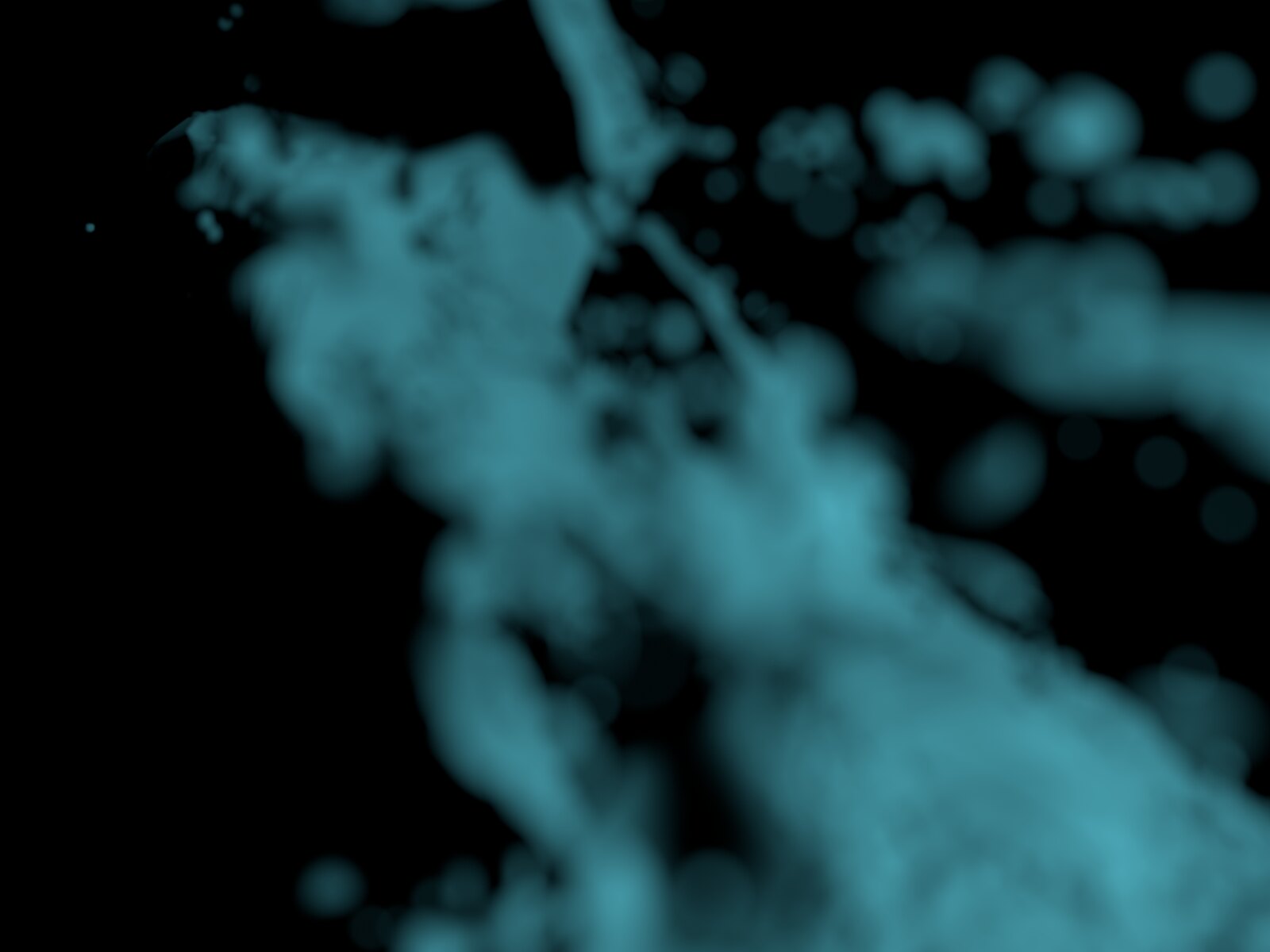 A cyan volumetric cloud drifting across black, its near edges dissolving into out-of-focus points of light
