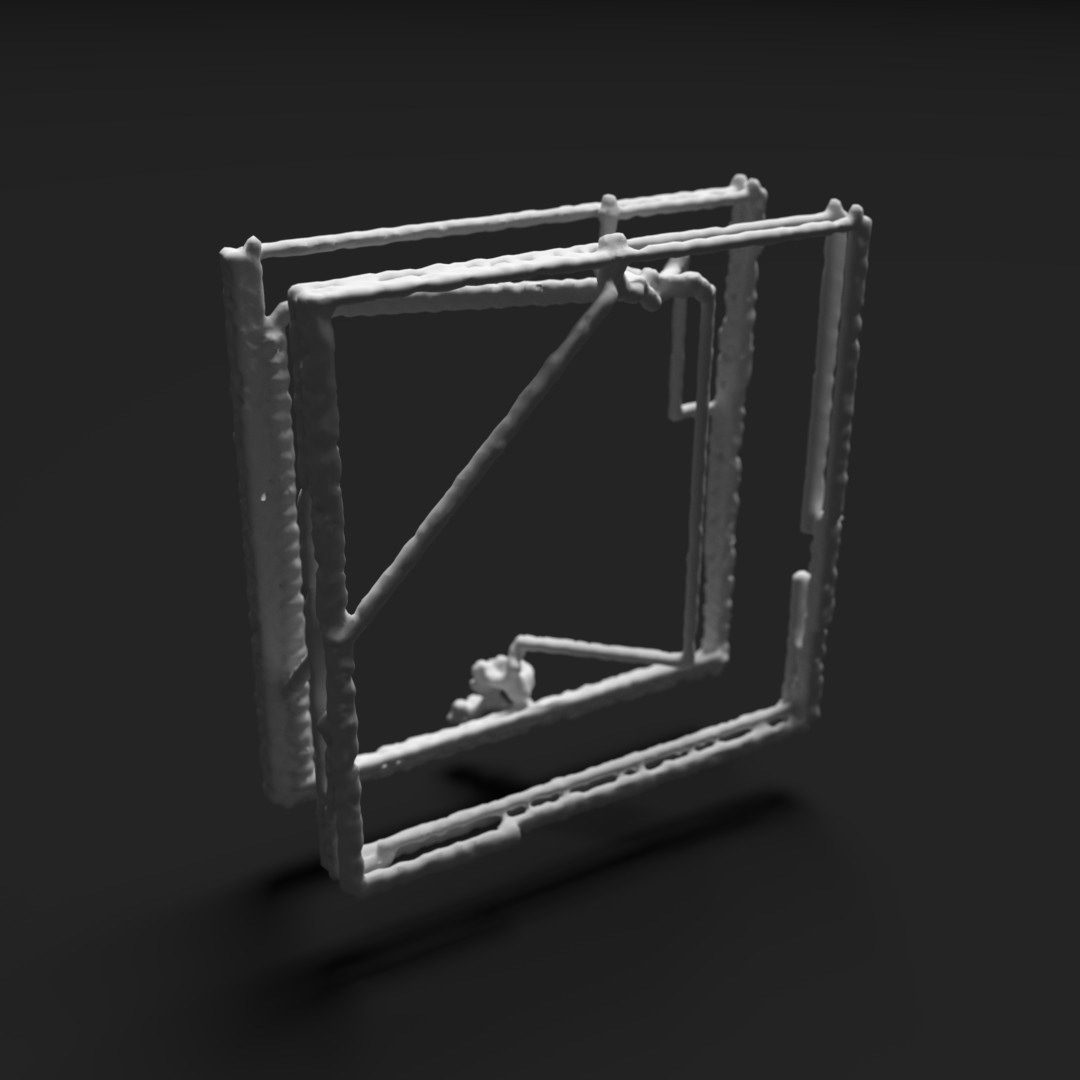 An open rectangular lattice of struts rather than an accreted mass, on a near-black ground