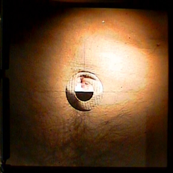 Through the viewfinder: the navel on the ground glass in amber light, the focusing circle over it