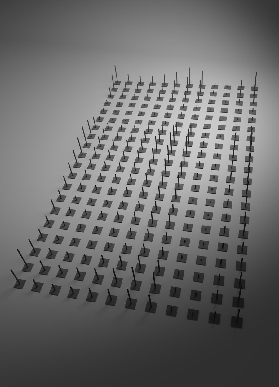 A grid of upright blade-like tips on square bases, each a different height, forming a field, seen obliquely against a grey ground