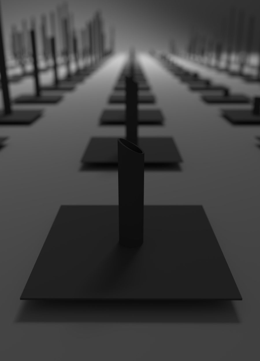A grid of upright blade-like tips on square bases, each a different height, forming a field, seen low along one aisle