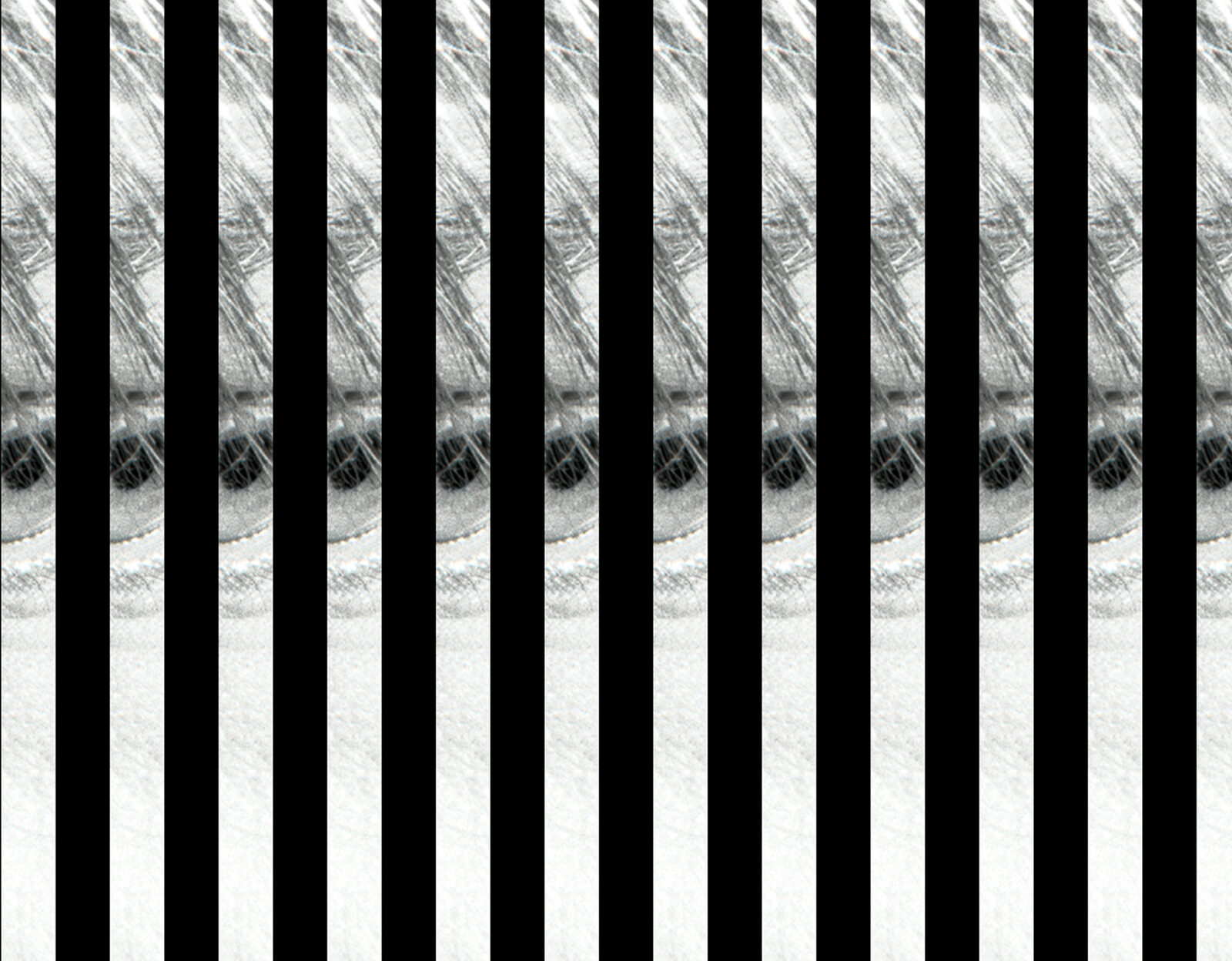 A close detail of the print in which the vertical bands resolve into repeated eyes and lips