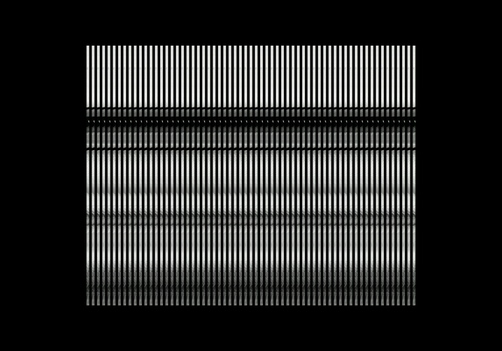 A black field carrying horizontal bands of fine vertical white strokes
