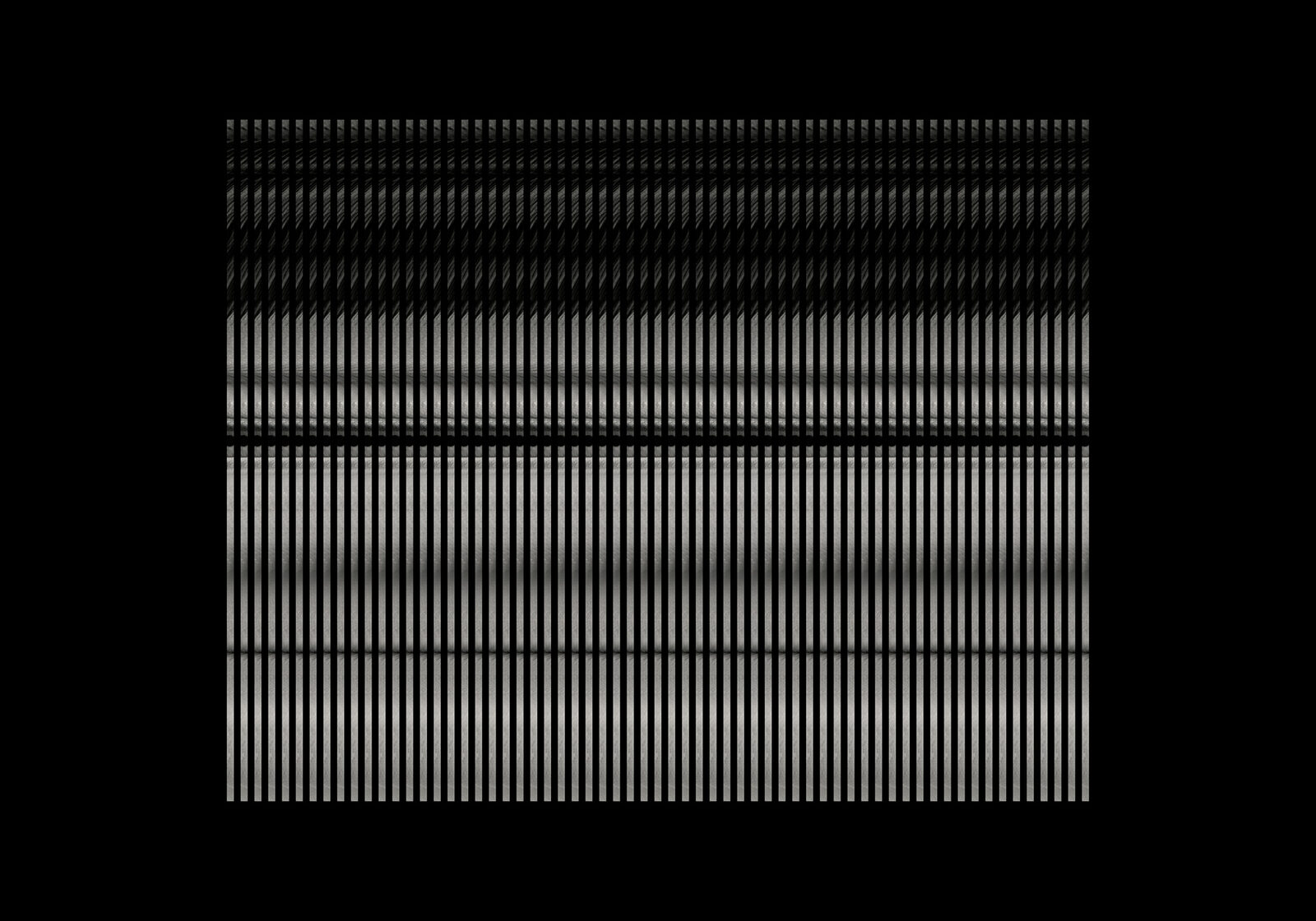 A black field carrying horizontal bands of fine vertical white strokes
