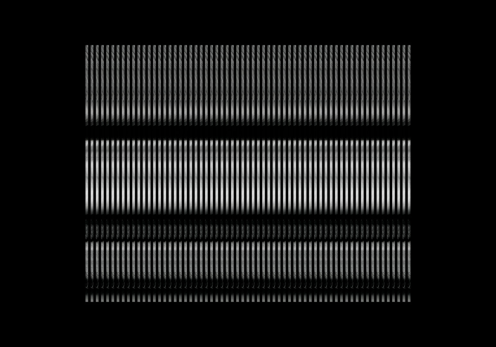 A black field carrying horizontal bands of fine vertical white strokes