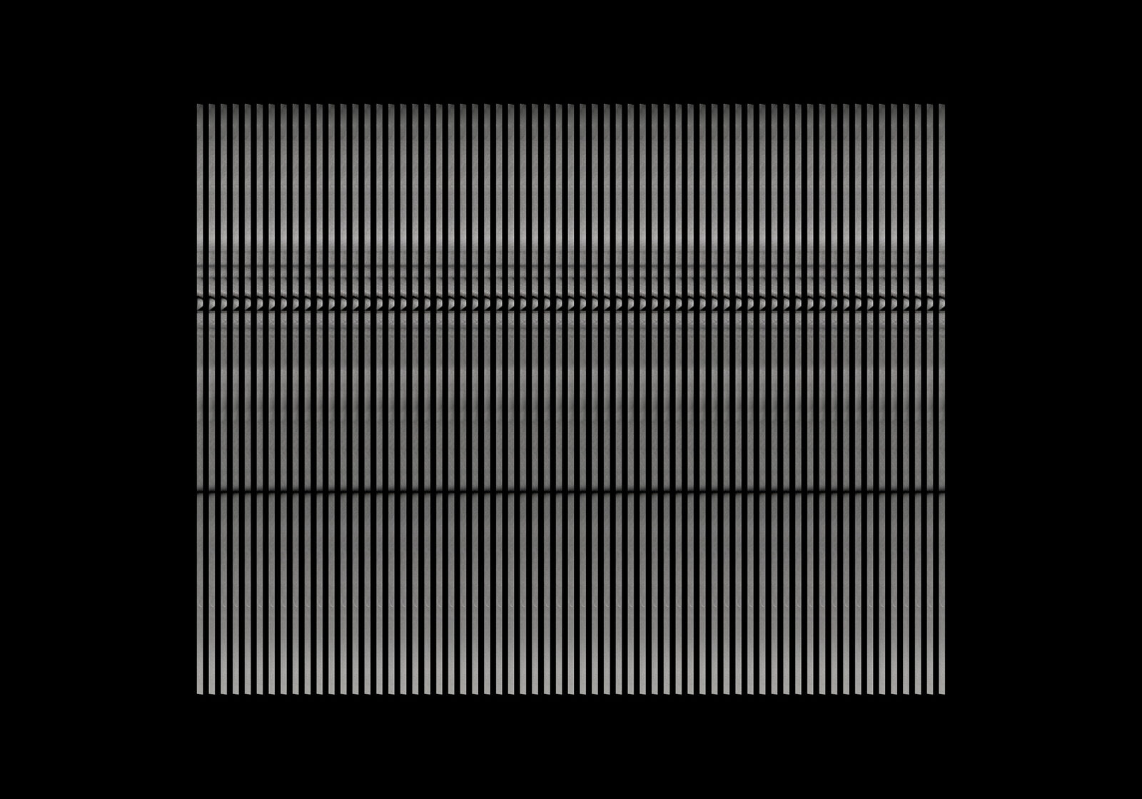 A black field carrying horizontal bands of fine vertical white strokes