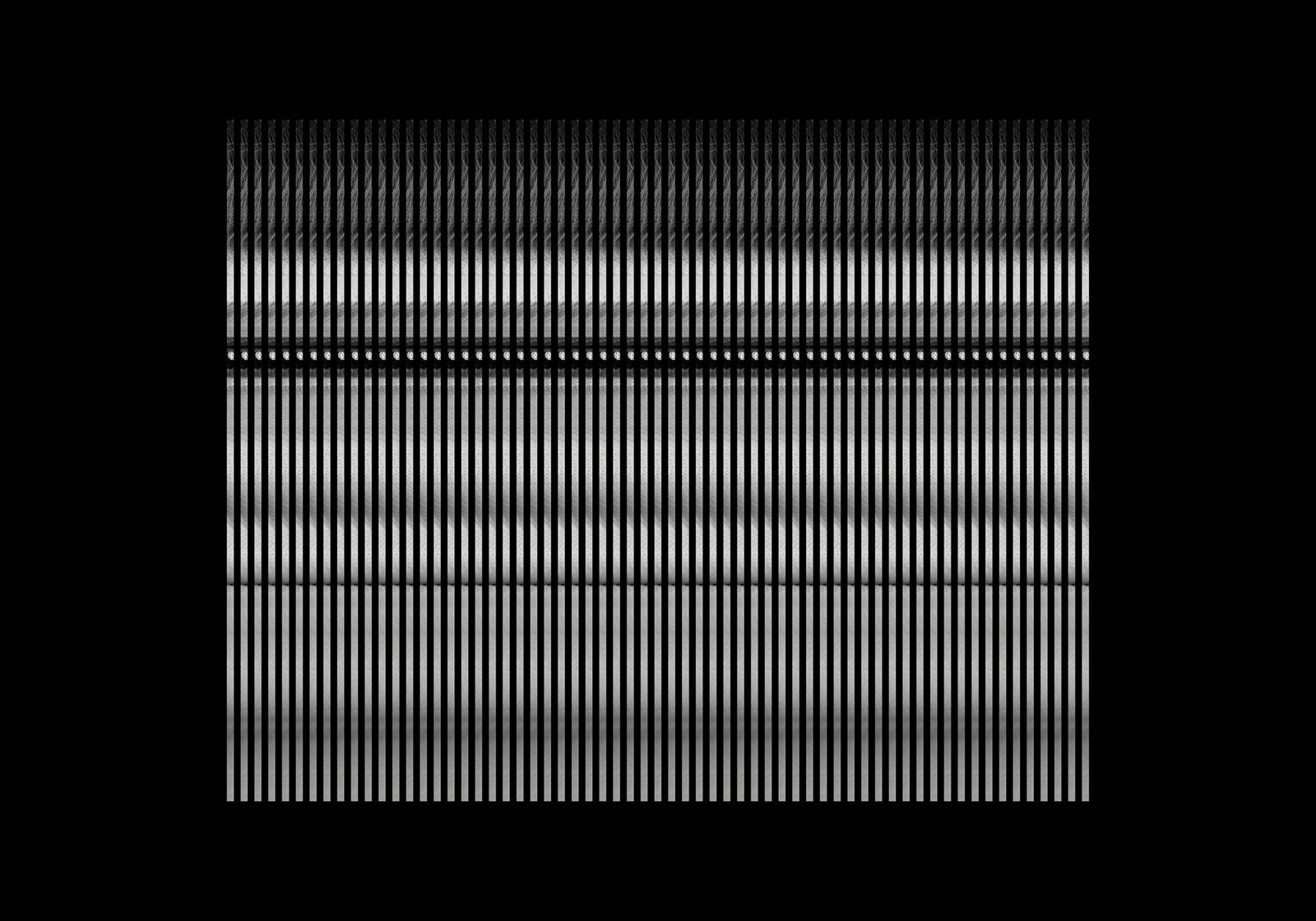 A black field carrying horizontal bands of fine vertical white strokes
