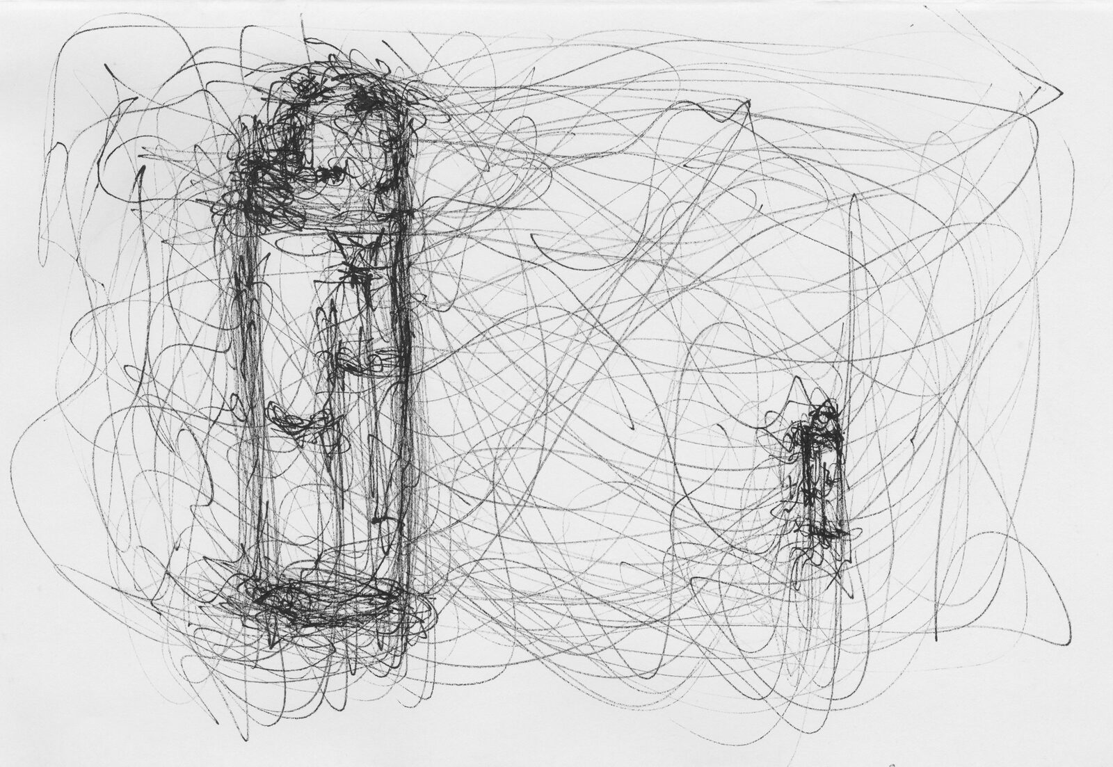 A sheet covered edge to edge in a dense tangle of looping pen line, out of which several upright lighters are drawn in darker, heavier strokes