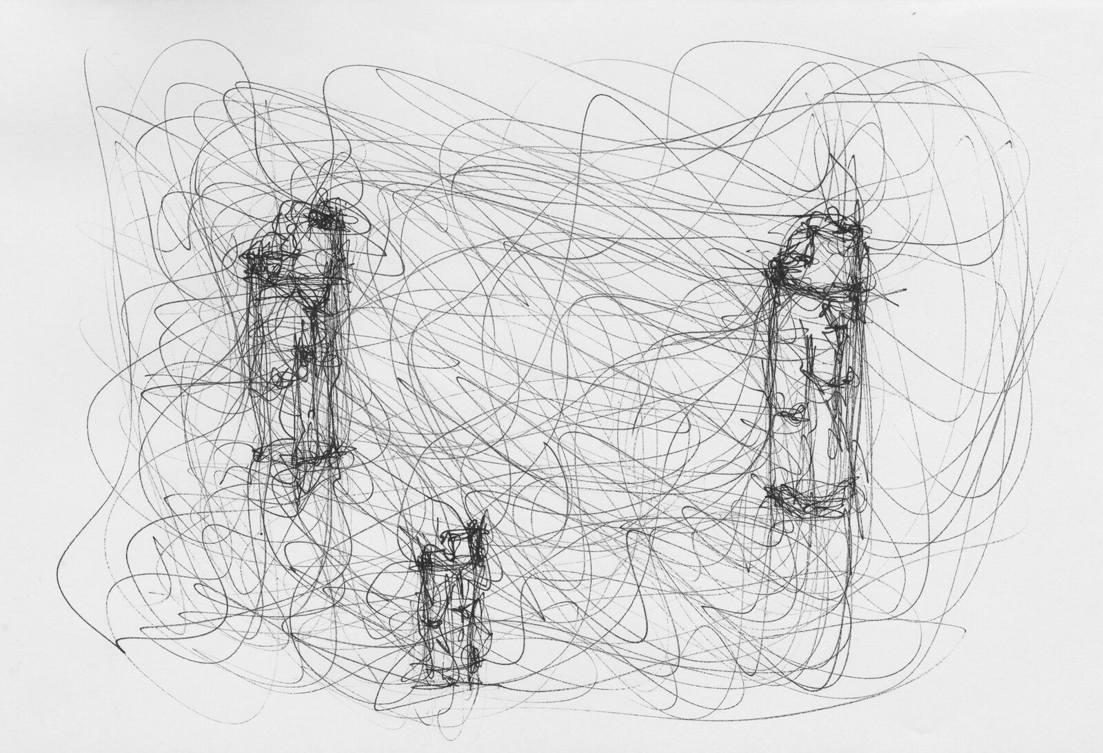 A sheet covered edge to edge in a dense tangle of looping pen line, out of which several upright lighters are drawn in darker, heavier strokes