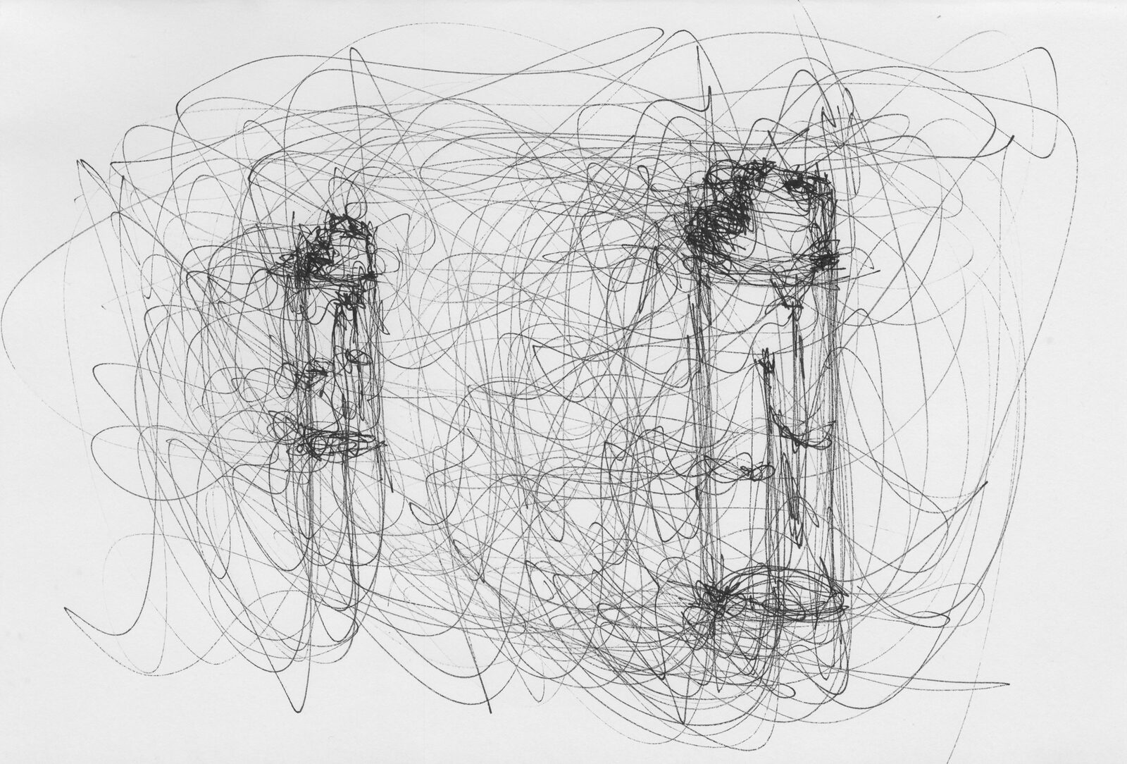 A sheet covered edge to edge in a dense tangle of looping pen line, out of which several upright lighters are drawn in darker, heavier strokes