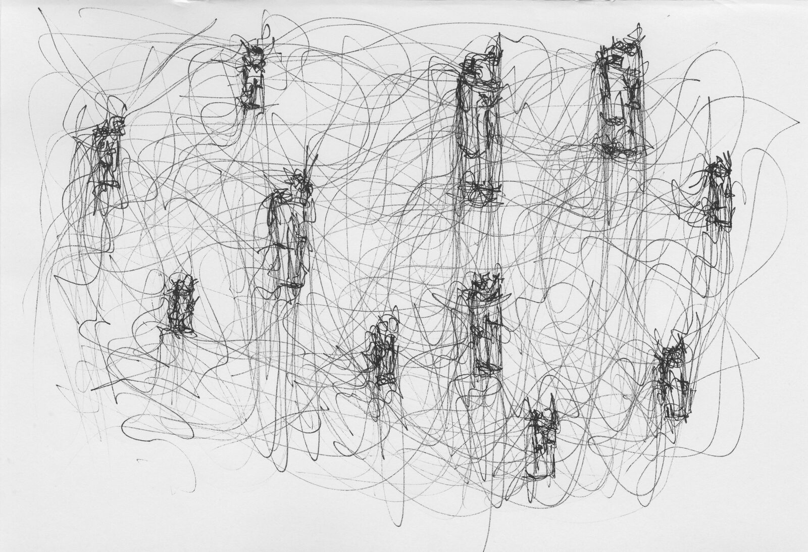 A sheet covered edge to edge in a dense tangle of looping pen line, out of which several upright lighters are drawn in darker, heavier strokes
