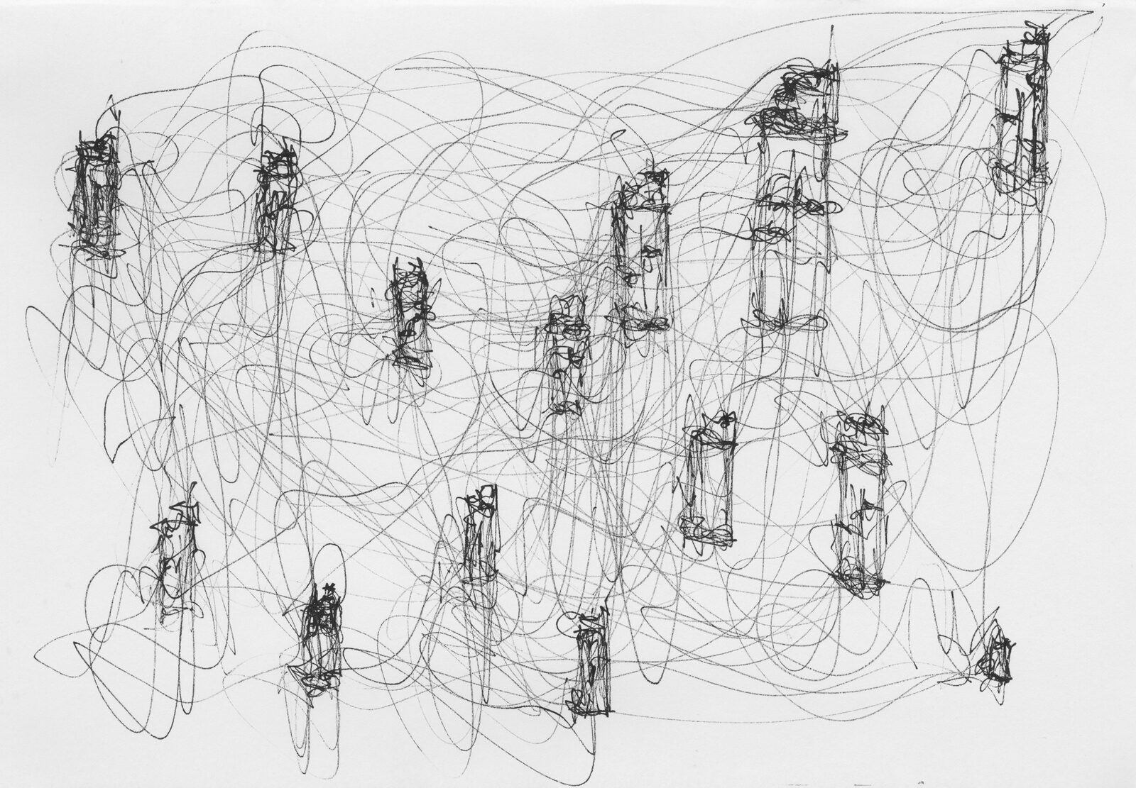 A sheet covered edge to edge in a dense tangle of looping pen line, out of which several upright lighters are drawn in darker, heavier strokes