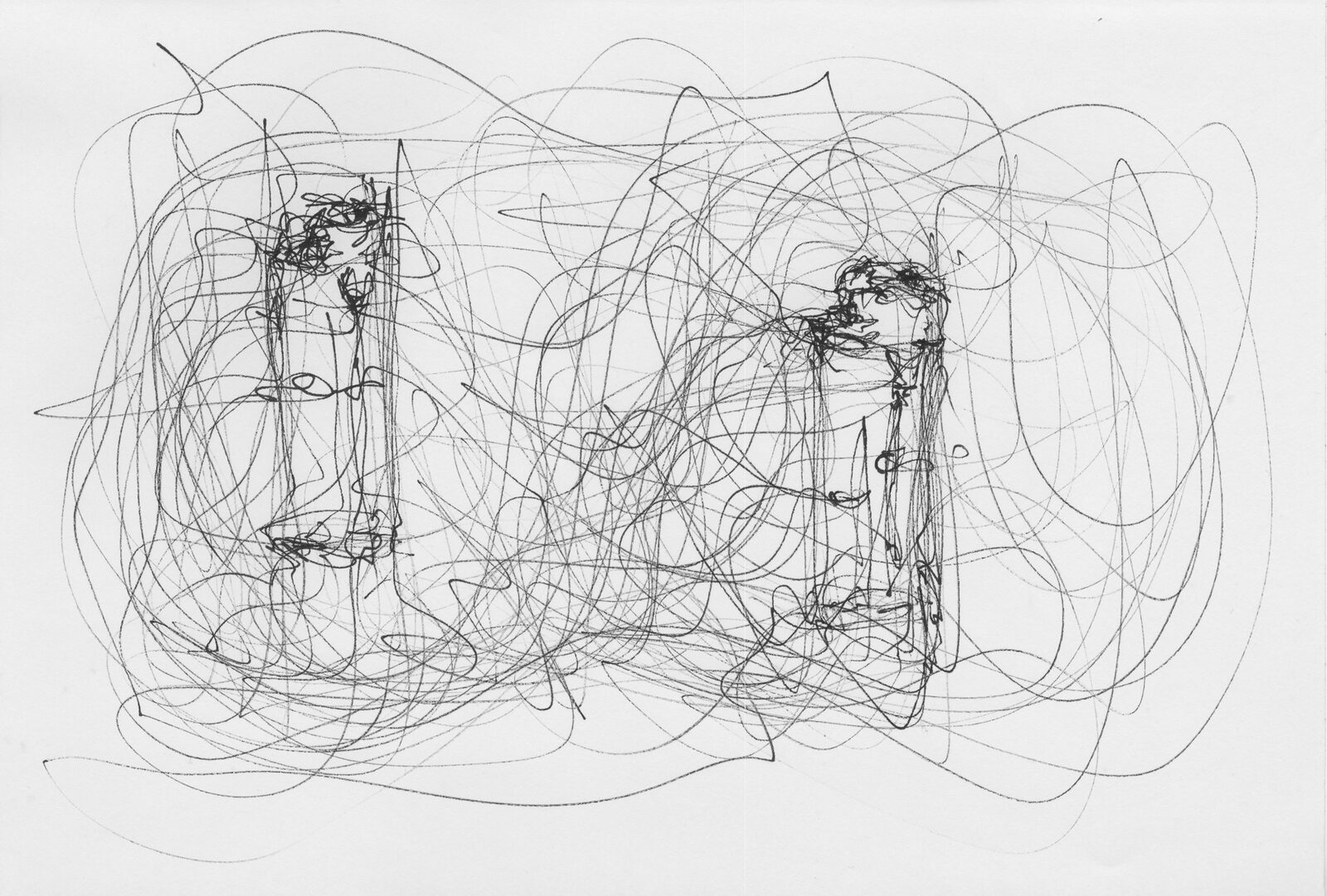 A sheet covered edge to edge in a dense tangle of looping pen line, out of which several upright lighters are drawn in darker, heavier strokes