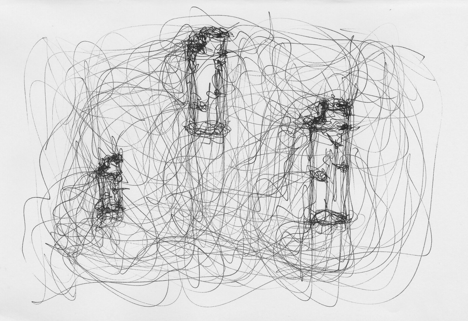 A sheet covered edge to edge in a dense tangle of looping pen line, out of which several upright lighters are drawn in darker, heavier strokes