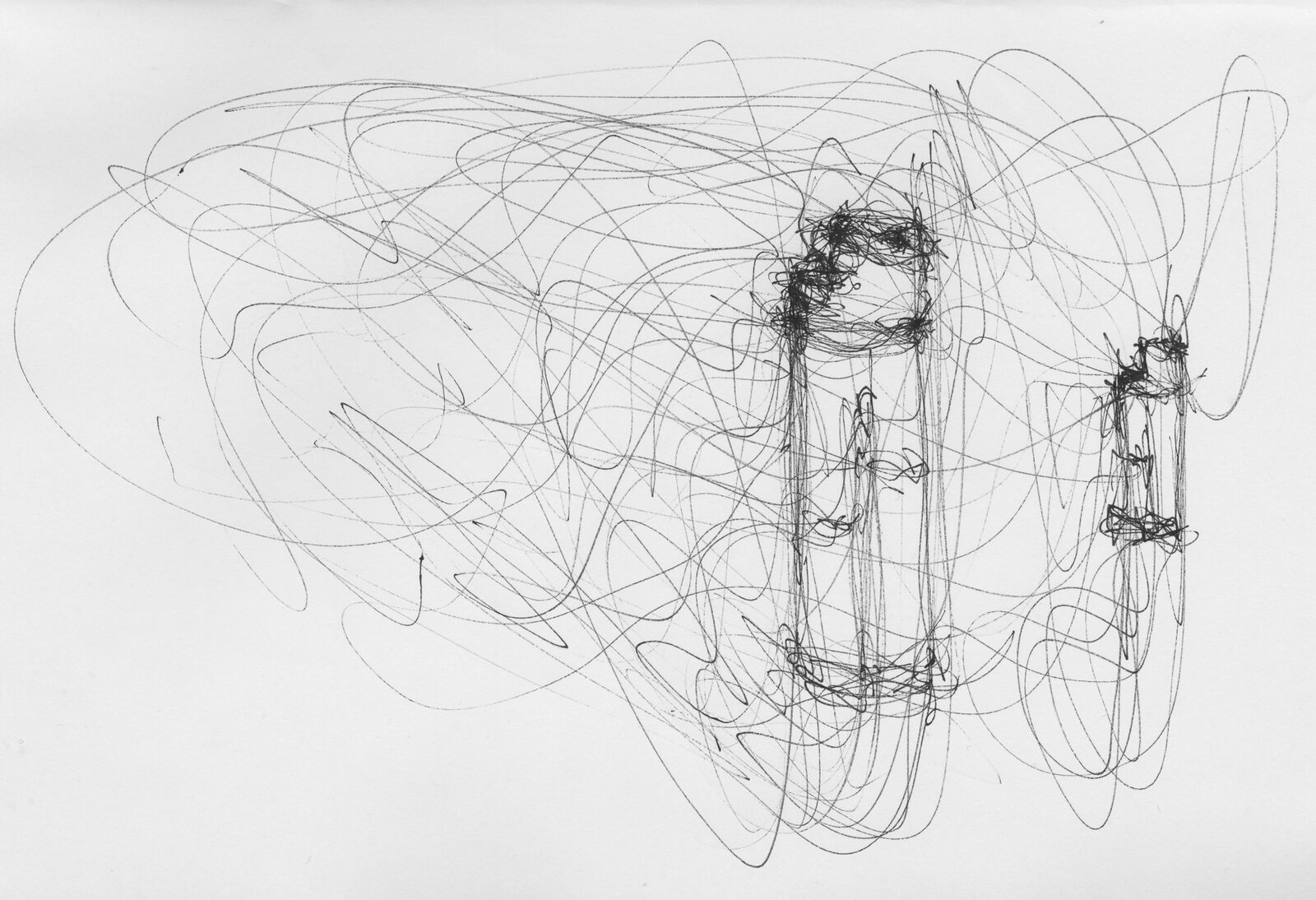 A sheet covered edge to edge in a dense tangle of looping pen line, out of which several upright lighters are drawn in darker, heavier strokes