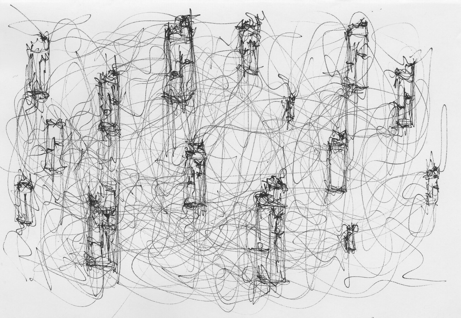A sheet covered edge to edge in a dense tangle of looping pen line, out of which several upright lighters are drawn in darker, heavier strokes