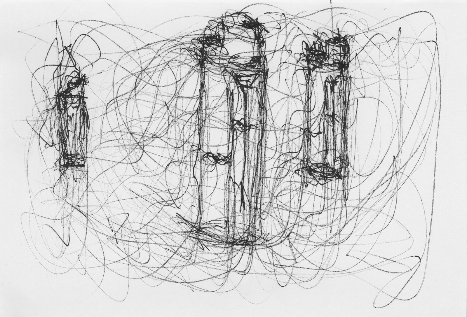 A sheet covered edge to edge in a dense tangle of looping pen line, out of which several upright lighters are drawn in darker, heavier strokes