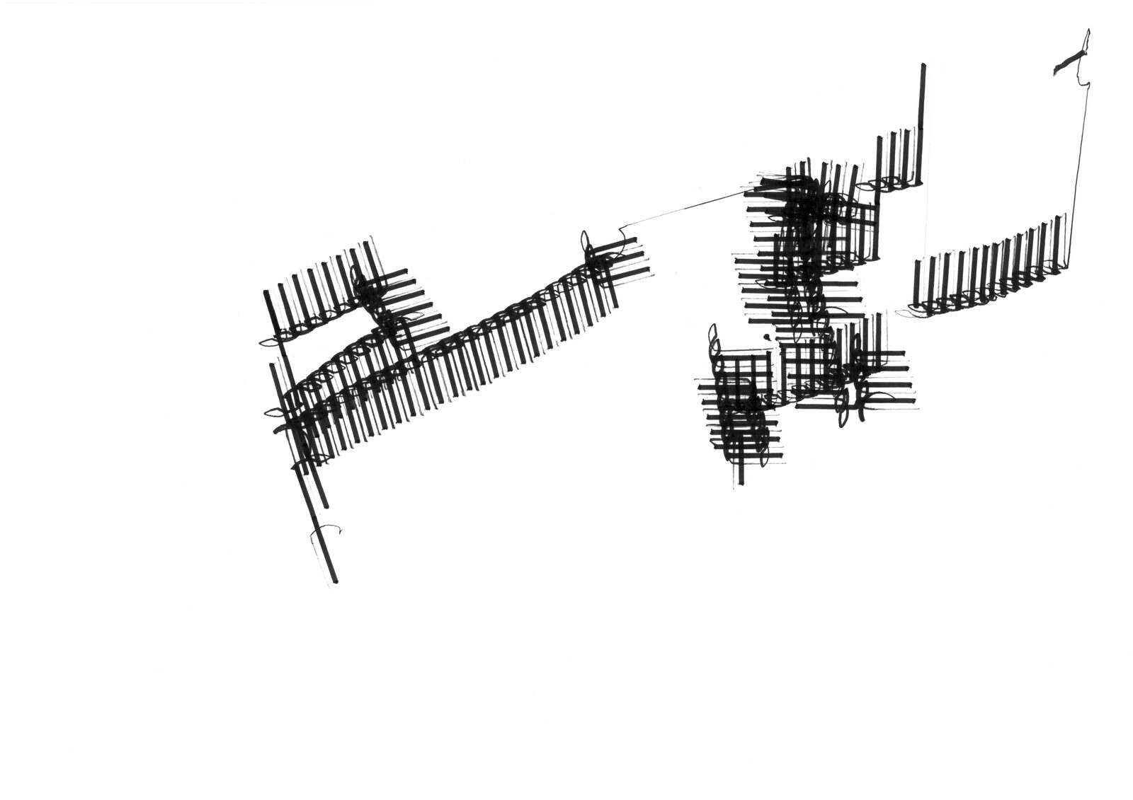 A sheet covered in dense scratchy black strokes made by the robot, the marks clustered and overrun