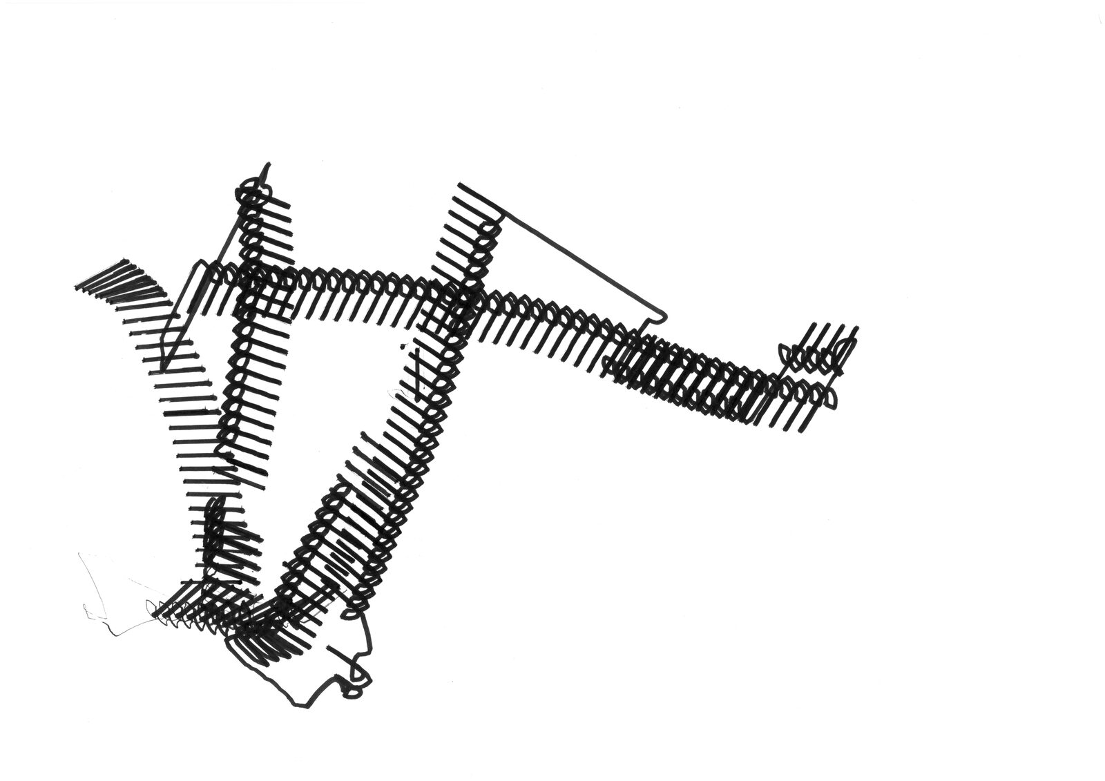A sheet covered in dense scratchy black strokes made by the robot, the marks clustered and overrun