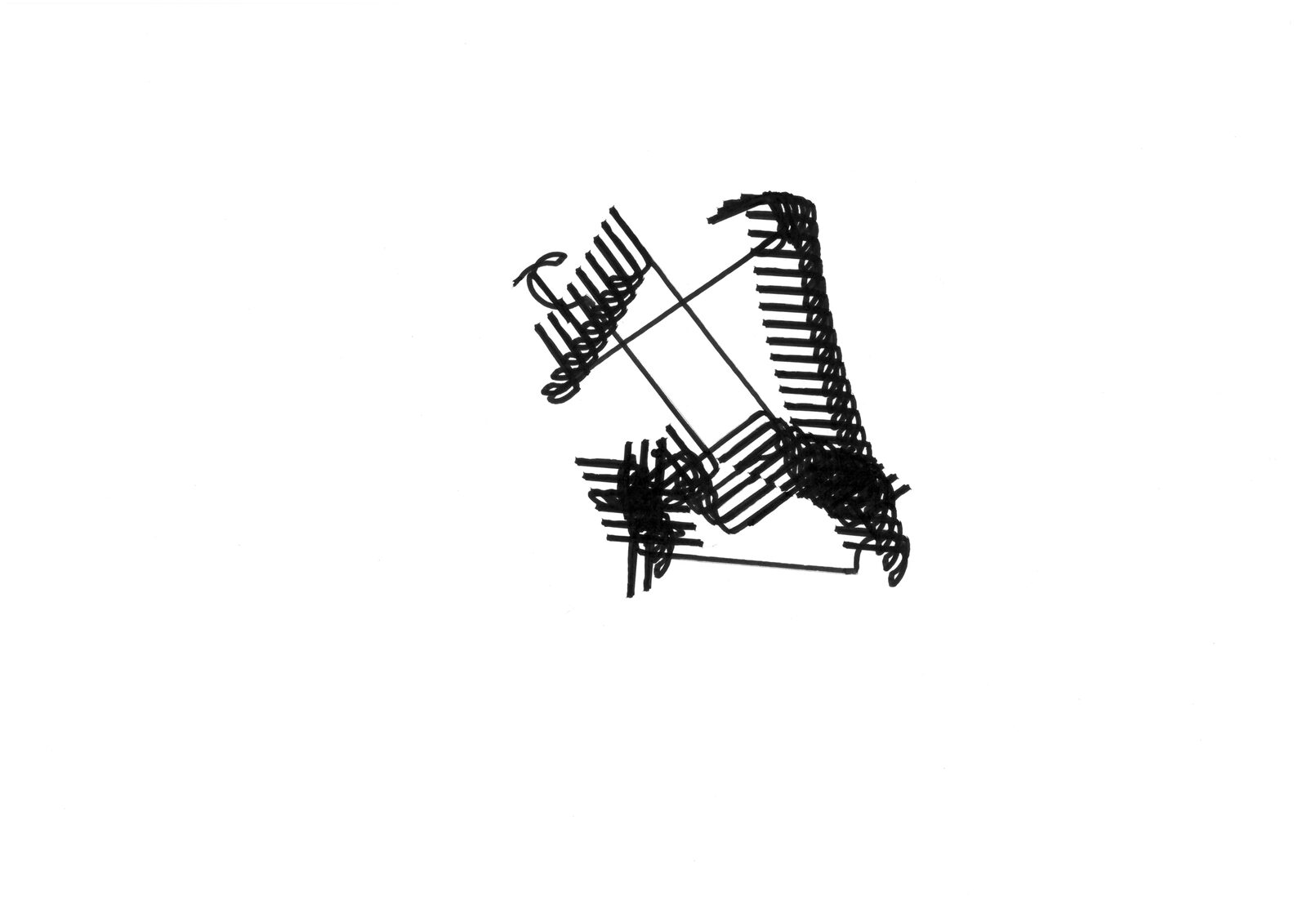 A sheet covered in dense scratchy black strokes made by the robot, the marks clustered and overrun