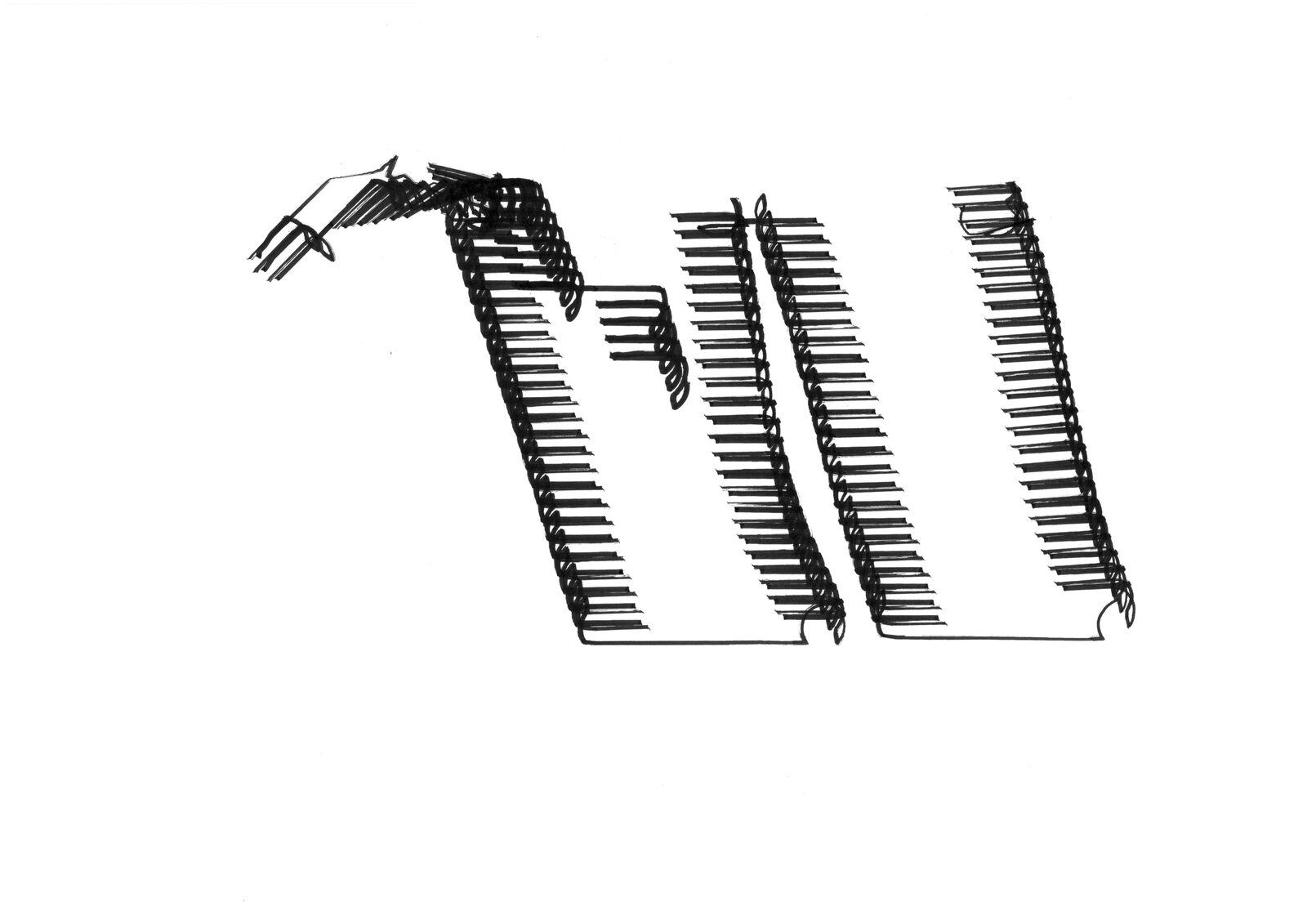 A sheet covered in dense scratchy black strokes made by the robot, the marks clustered and overrun
