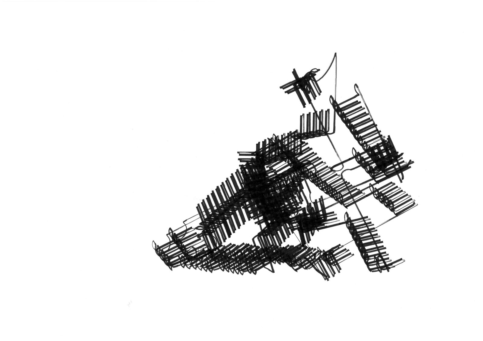 A sheet covered in dense scratchy black strokes made by the robot, the marks clustered and overrun