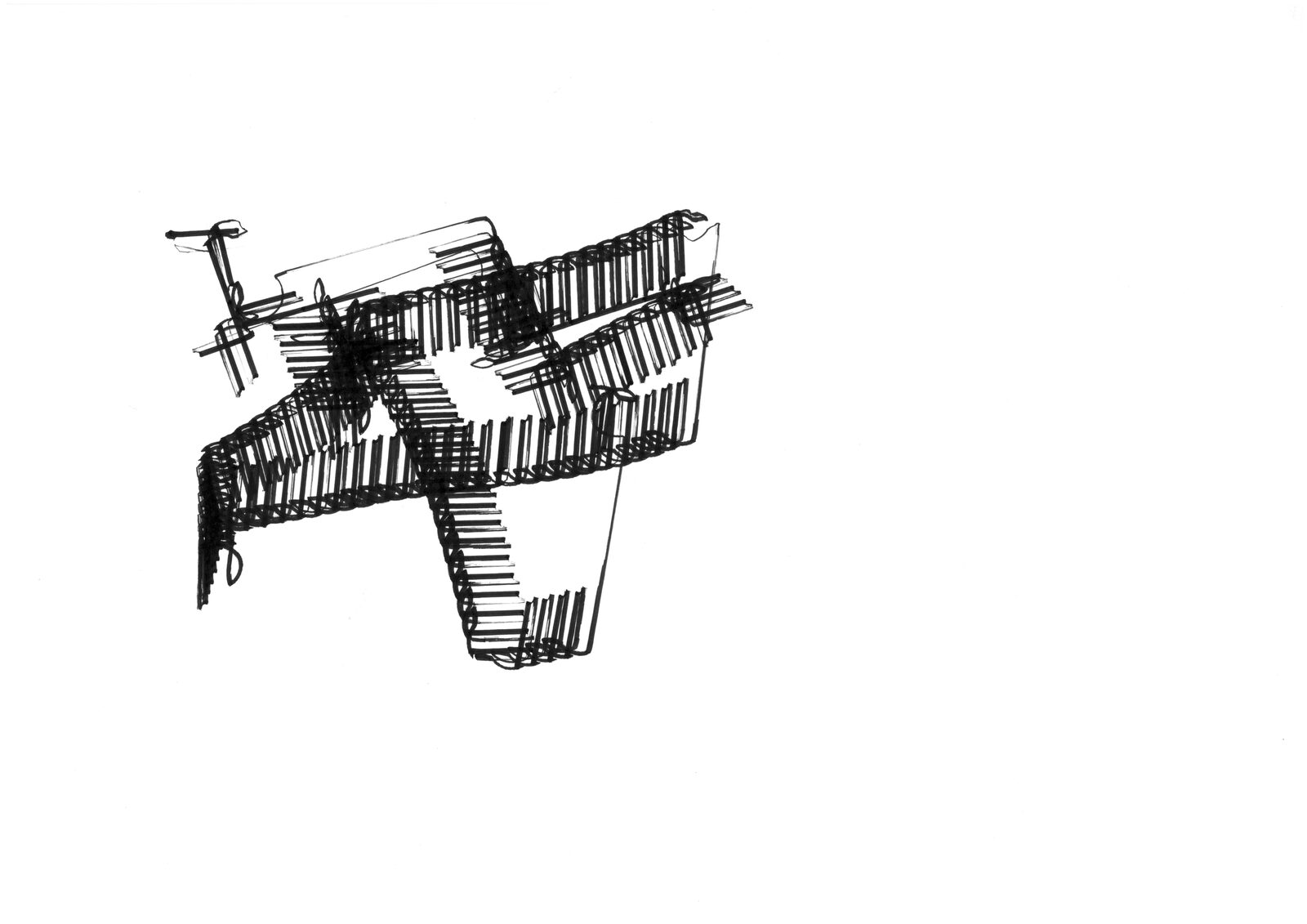 A sheet covered in dense scratchy black strokes made by the robot, the marks clustered and overrun
