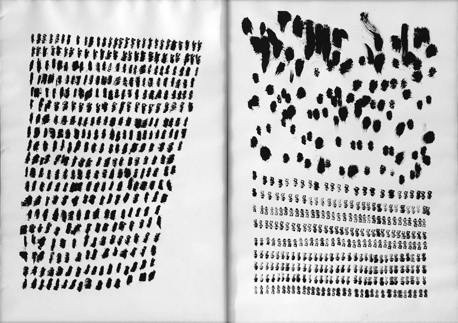 Two sheets side by side, one ruled in rows of small strokes, the other in loose blots
