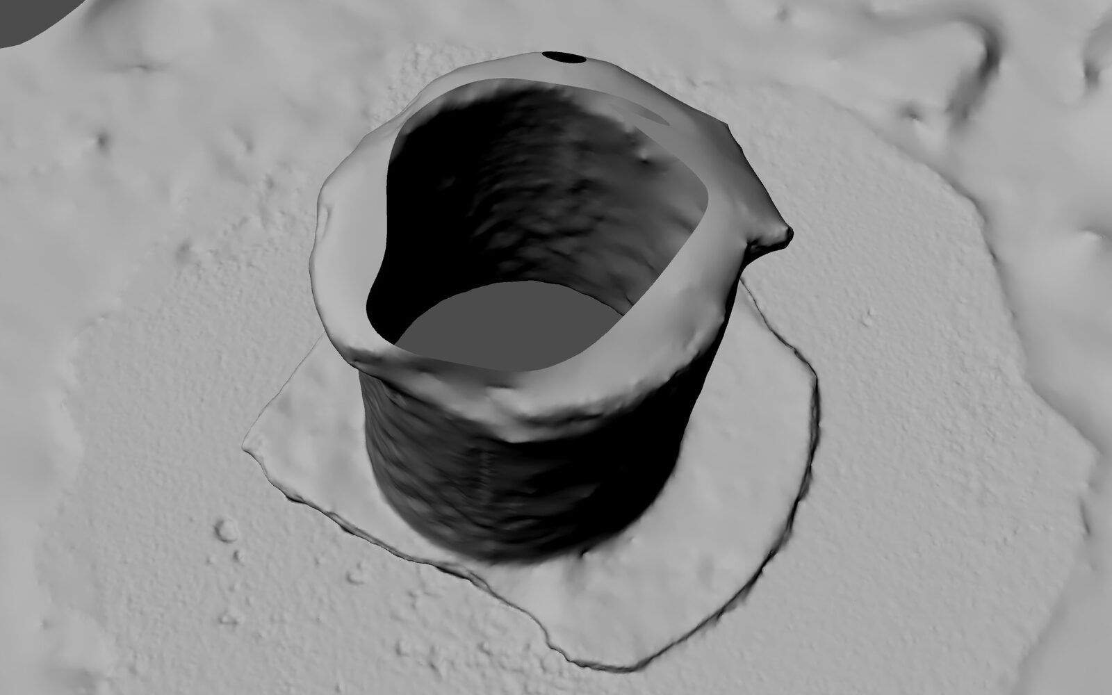 A scan render in which the cup sinks into the surrounding ground plane, a hole opening at its centre