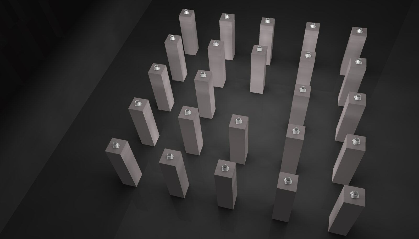 A dark render seen from above of plinths arranged in a square matrix with the centre position empty