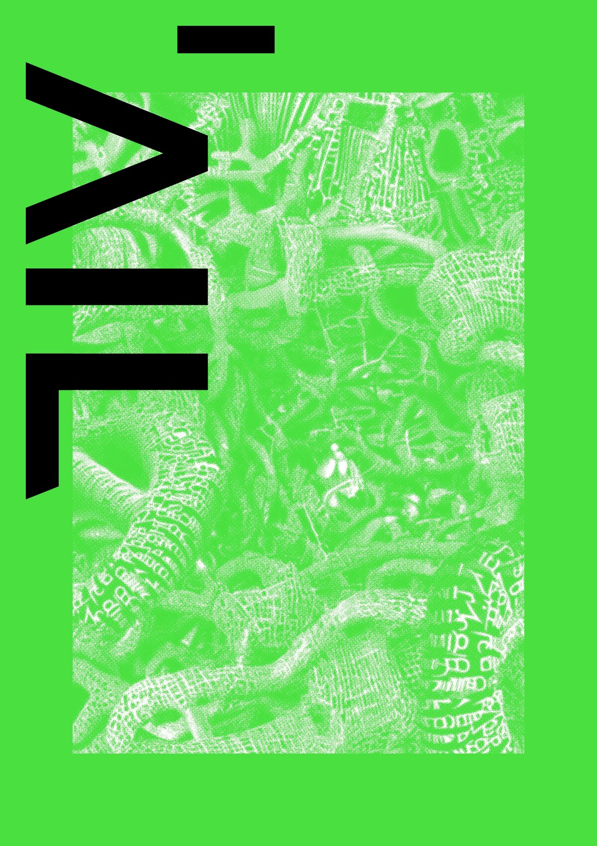 Exhibition key visual for radical ⇌ matter at the Angewandte Interdisciplinary Lab: the black AIL mark on acid green, over a halftoned field of white marks