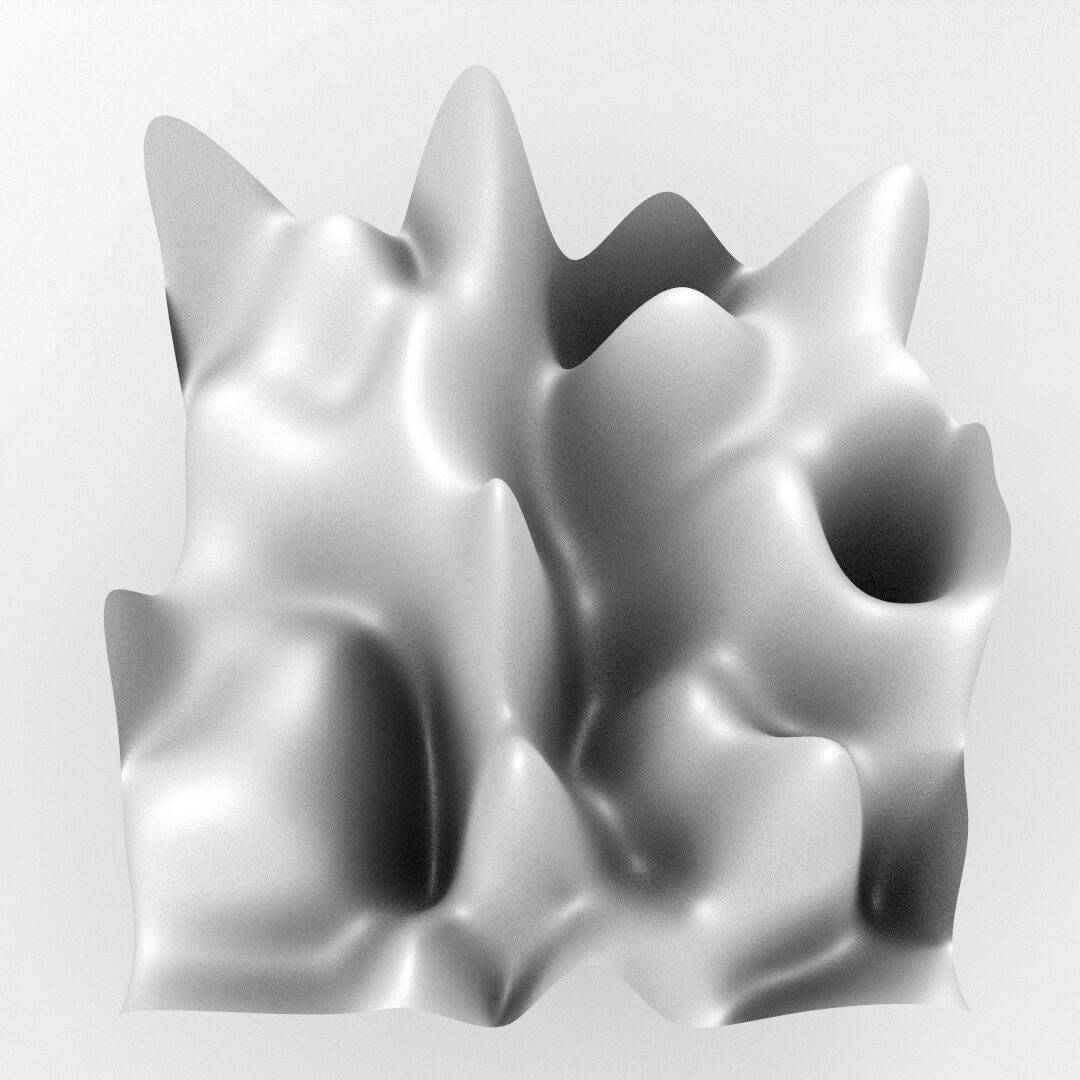 A white rendered surface with denser, sharper folds across its width