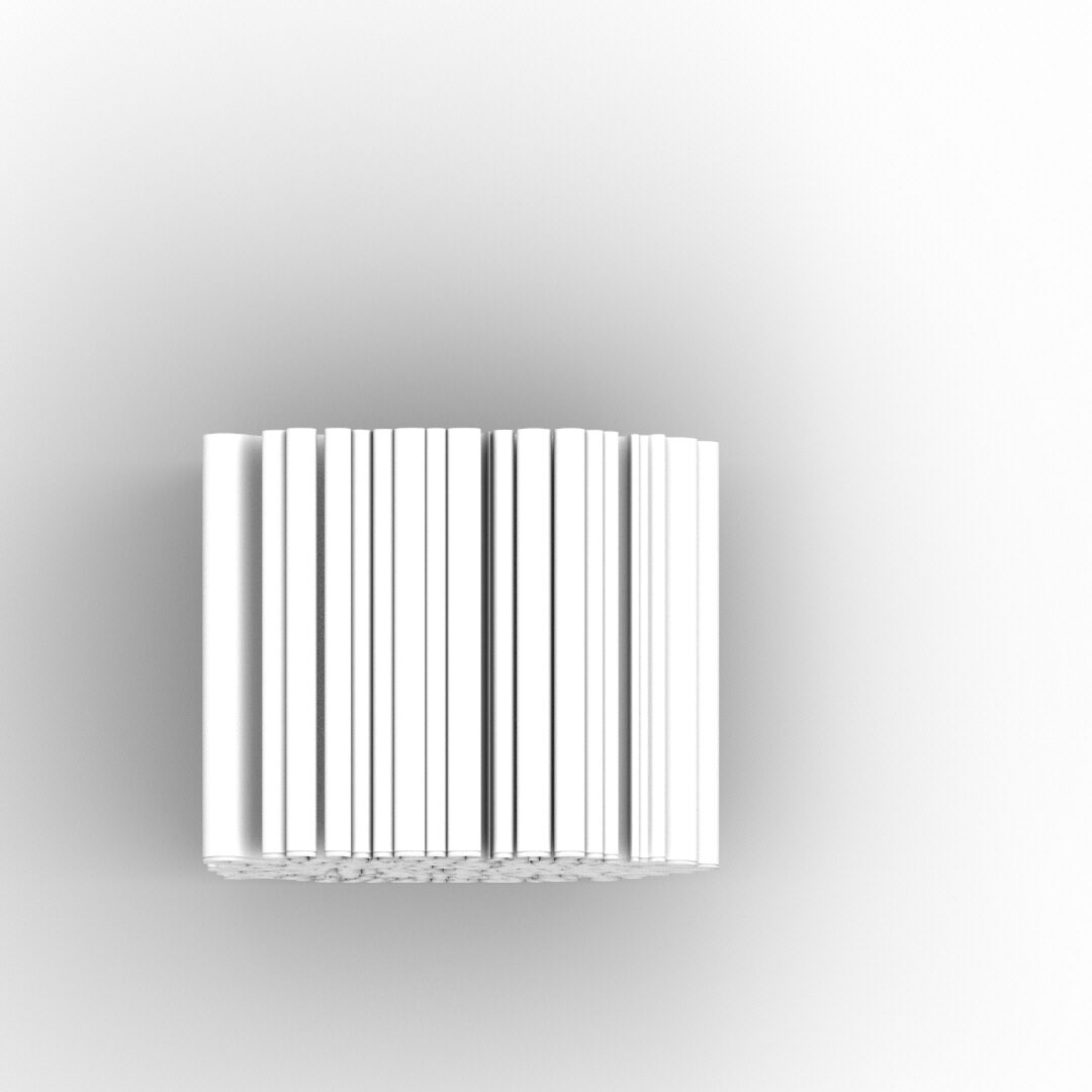 A white form seen orthogonally from above, reading as a row of vertical bars