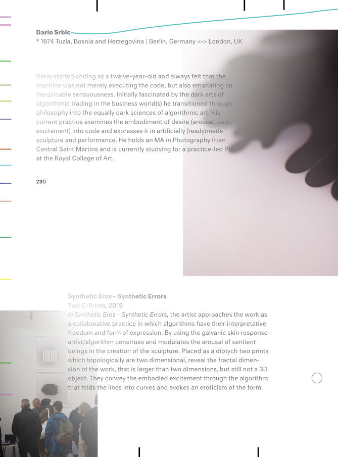 A catalogue page carrying the artist's biography and the work's caption beside a soft grey render