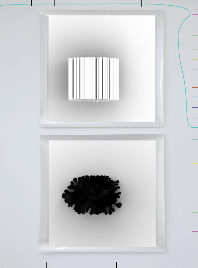 A catalogue page showing two framed prints hung one above the other, the upper white and ribbed, the lower a black organic form