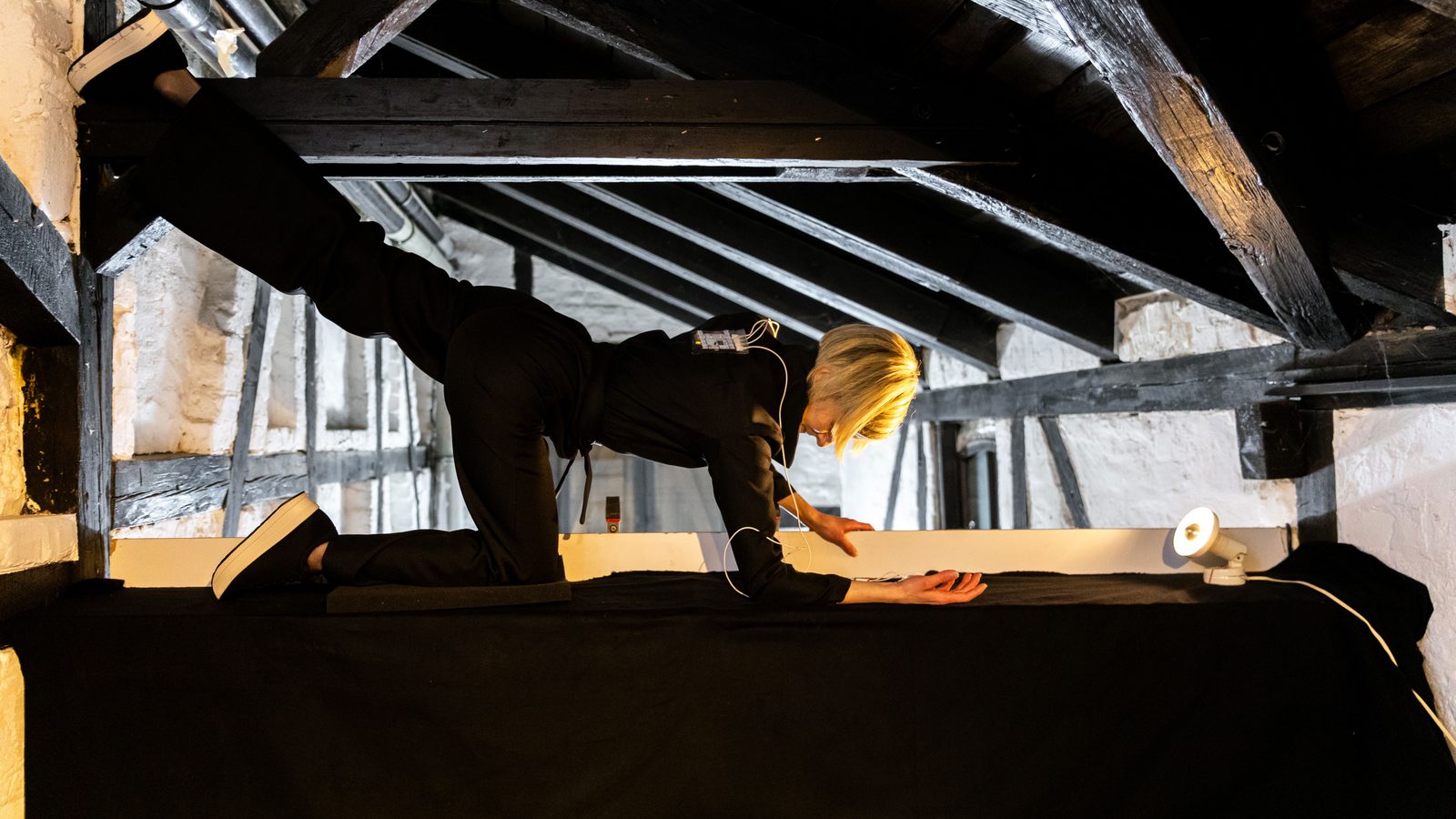 Katz on hands and knees along a beam under the black roof timbers, electrode leads trailing from her neck