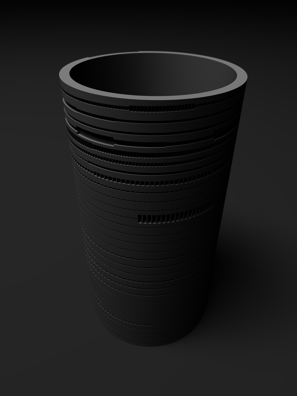 Rendering of a dark grey cylinder on a dark ground, its grooves broken near the rim into bands and rows of blocks