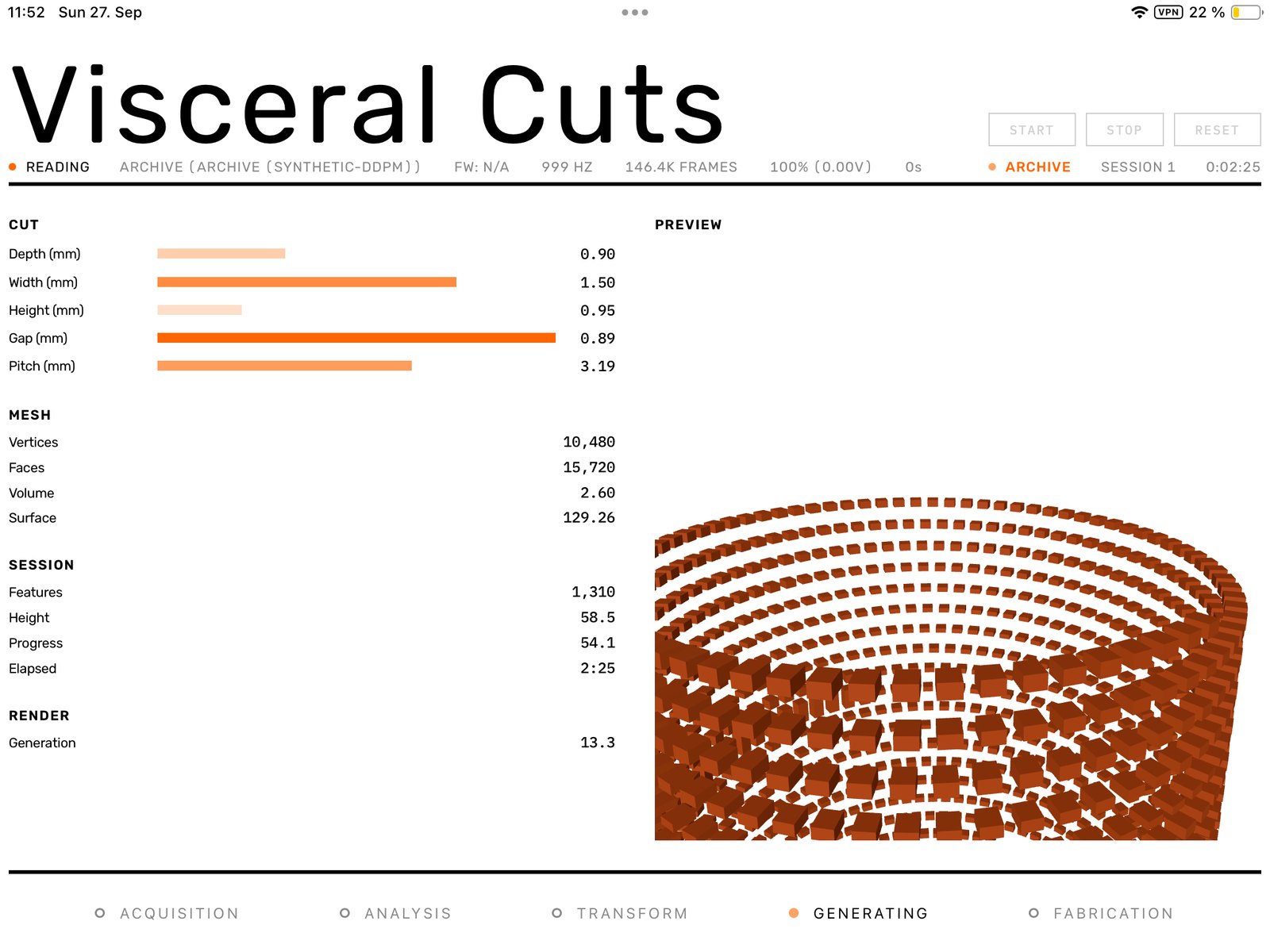 The Visceral Cuts interface at generating: the five cuts, depth, width, height, gap and pitch, as bars, and a preview of the cylinder built of blocks