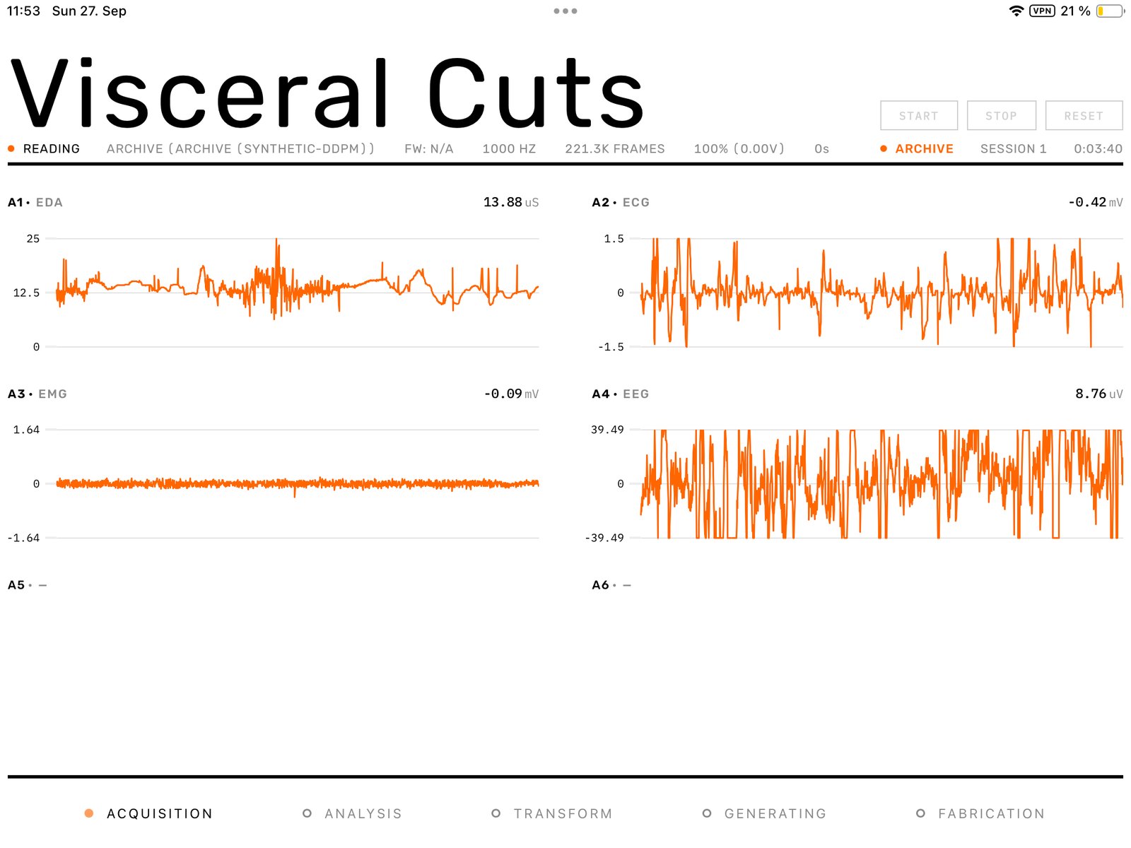 The Visceral Cuts interface at acquisition, reading a recorded session from the archive: four orange traces, EDA, ECG, EMG and EEG