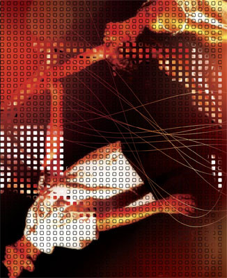 The WiFi Body 3 festival visual: a dancer's raised arm and torso in reds and blacks, broken into a grid of small squares, thin white lines arcing across