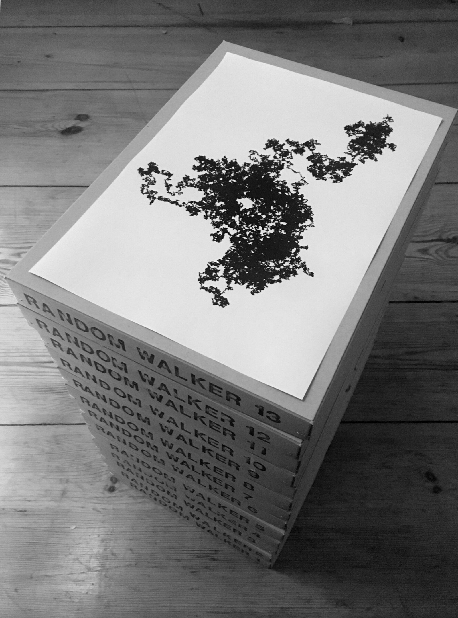 Thirteen boxed volumes stacked on a wooden floor, spines stamped RANDOM WALKER 1 to 13, a print lying on top