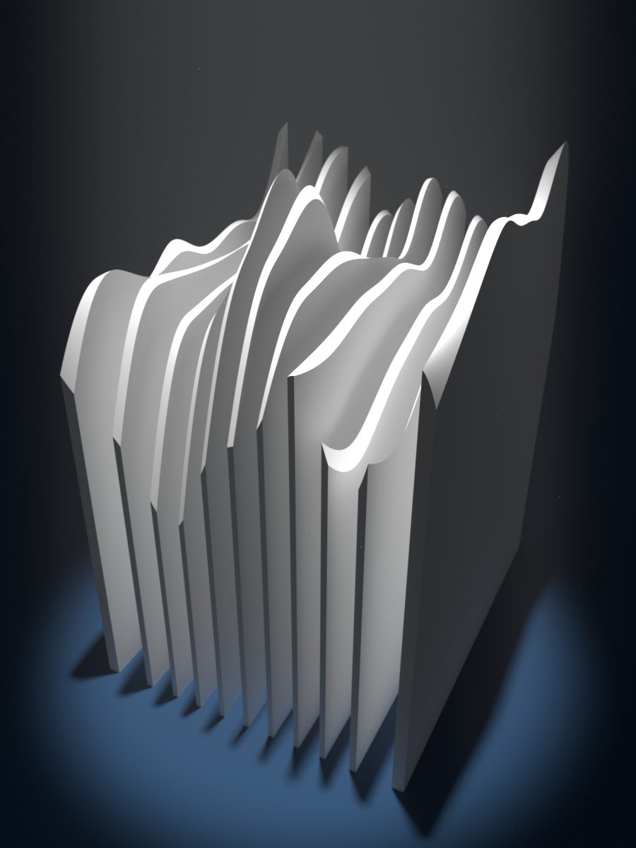A 3D render of the sculpture: a stack of vertical slices whose upper edges follow a wave, lit blue from below